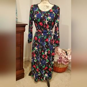 Talbots Women Blue Floral Long Sleeve, Round Neck Dress Size M
